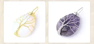 Detail of tree of life wire-wrapped opal and amethyst water drop gemstone pendants