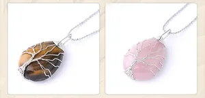 Detail of tree of life wire-wrapped tiger eye and rose quartz gemstone pendants