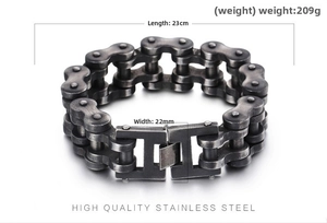 Detailed view of 22mm wide industrial bike chain steel bracelet with size measurement