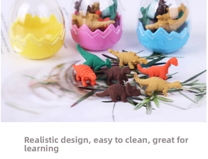 Macro shot of colorful dinosaur erasers inside transparent egg-shaped gift containers