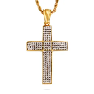 Pendentif Croix Iced Out Collier Acier Inoxydable Plaqué Or 18K Zircone Hip Hop Bijoux Streetwear Homme Femme