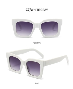 Detail of white square sunglasses with purple gradient lenses and three metal rivets