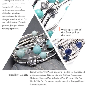 Detail of bohemian multilayer turquoise bead bracelet with silver-plated copper tubes