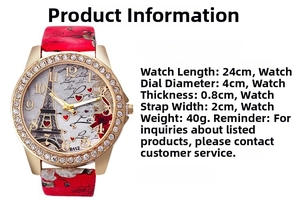 Macro shot of watch dial with Eiffel Tower design and red floral leather strap details