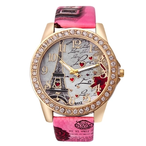 Floral Eiffel Tower watch with rose gold rhinestone bezel and pink leather strap