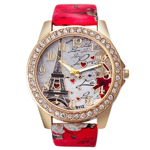 Eiffel Tower crystal gold watch with red patterned leather strap for women