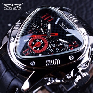 Close-up of a luxury men's automatic mechanical watch with a unique triangle dial and leather strap