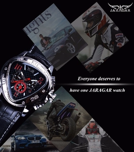 Detailed macro view of JARAGAR triangle automatic watch with carbon fiber dial and red hands