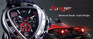 Detail of triangle mechanical watch with carbon fiber dial and red suede leather strap