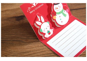 Detailed view of pop-up 3D Christmas card with snowman, rabbit, and writing space