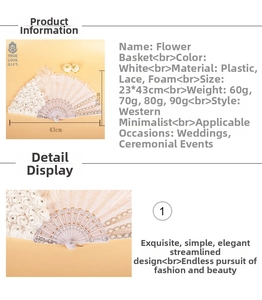 Detailed view of white lace wedding fan with decorative foam flowers and soft feathers