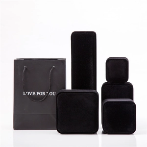 Set of premium black flocked jewelry gift boxes and paper tote bag with LOVE FOR YOU text