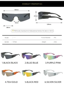 Detailed size chart and multi-color options for rimless wrap-around sports sunglasses