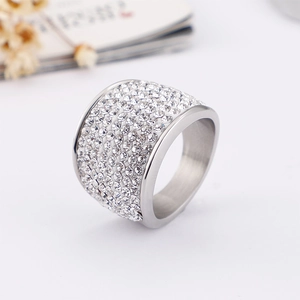 Fashionable silver wide band ring with multi-row pavé cubic zirconia for women