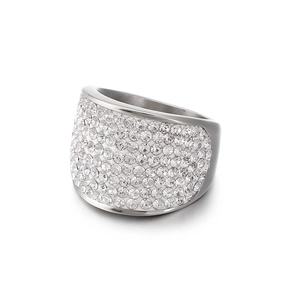 Modern wide band ring with shimmering cubic zirconia pavé setting on polished silver metal