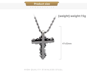Detailed view of gothic stainless steel cross pendant with skull design and dimensions