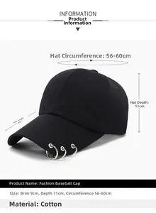 Detail view of black cotton baseball cap with three silver rings on the 9cm brim