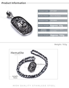 Detailed specs of lion head pendant on black hematite beads and 316 stainless steel chain