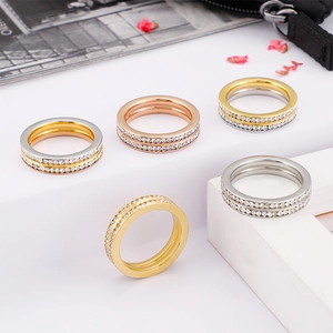 Double row crystal titanium steel rings in gold, silver, and rose gold colors