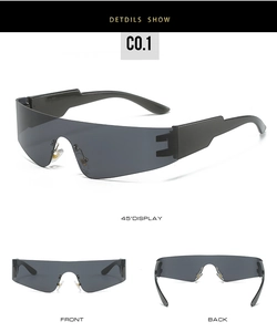 Detailed multi-angle views of black rimless wrap-around sporty shield sunglasses