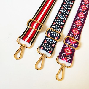 Ethnic wide shoulder straps for handbags with colorful patterns and golden metal buckles