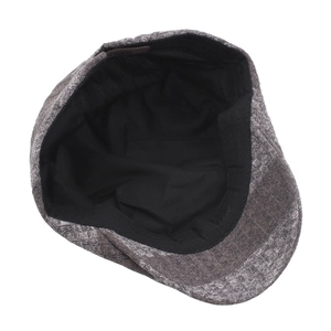 Inside view of unisex knitted newsboy cap featuring grey-brown ribbed texture and black lining