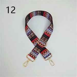 Close-up of adjustable ethnic style wide bag strap with colorful geometric patterns