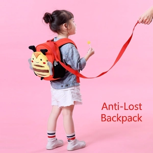 Toddler red bee anti-lost backpack with cartoon bee wings and a safety traction rope