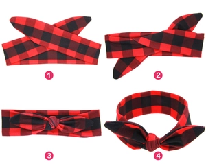 Detail view of red and black buffalo plaid baby headband with knot DIY style