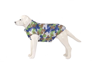 Detail view of camouflage waterproof pet dog winter vest on a dog model from side view