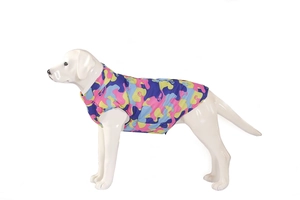 Detail of colorful camo dog vest with back zipper and puffer padding for large dogs