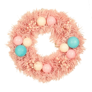 Pink Macaron Christmas wreath with colorful PVC decorative balls and berries on white backdrop