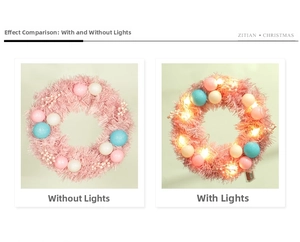 Pink Macaron Christmas wreath with colorful balls and LED lights on white background
