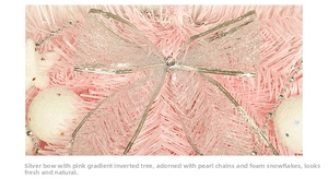 Close-up of pink Christmas teardrop swag with silver bow and festive ornaments