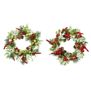 Christmas wreath set with pine needles, red gold ornaments and natural cones on white base