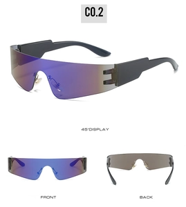 Detailed views of futuristic rimless oversized wraparound sunglasses with purple gradient lenses