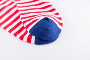 Close-up of striped crew sock detailing reinforced navy blue heel and fine knit texture