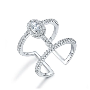 Silver double band open ring with oval zircon center stone and pavé setting accents