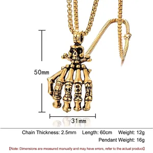 Retro stainless steel punk ghost claw pendant necklace with micro skull details