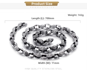 Detail of 11mm wide stainless steel heavy curb chain with 700mm length and industrial texture