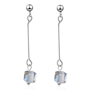 Long silver drop earrings featuring shimmering aurora crystal cubes in a minimalist style