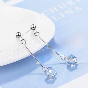 Silver drop earrings with light blue square crystal pendants on elegant thin metal rods