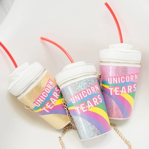 Rainbow sequin crossbody bag in soda cup shape with unicorn tears print and chain strap