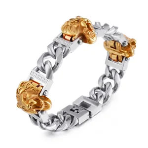 Men Stainless Steel Cuban Link Bracelet With Cubic Zirconia Lion Head Skull Charm Hip Hop Punk Iced Out Jewelry
