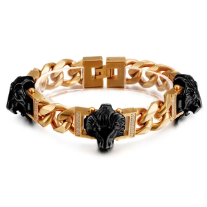 Hip hop stainless steel lion head bracelet in gold and black with white zircon
