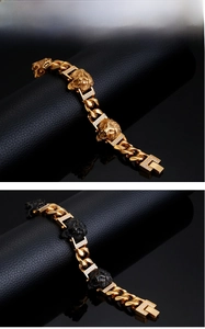 Macro view of hip hop lion head bracelet with cubic zirconia and chunky Cuban chain links