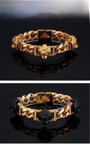 Macro detail of gold and black hip-hop cuban link bracelets with diamond lion head