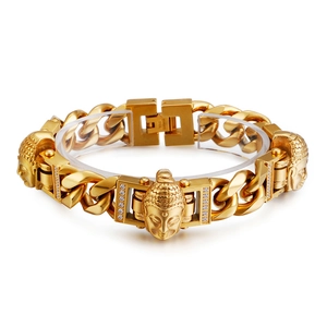 Golden stainless steel Buddha head link bracelet for men with sparkling zircon accents