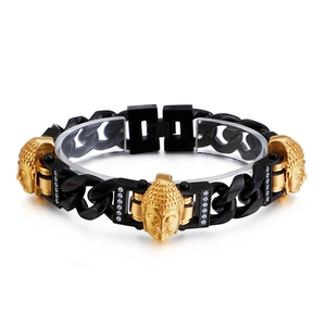 Men's stainless steel Buddha head bracelet in black and gold with sparkling zircons