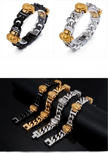 Detail of stainless steel Buddha head bracelets with rhinestones in four metal finishes